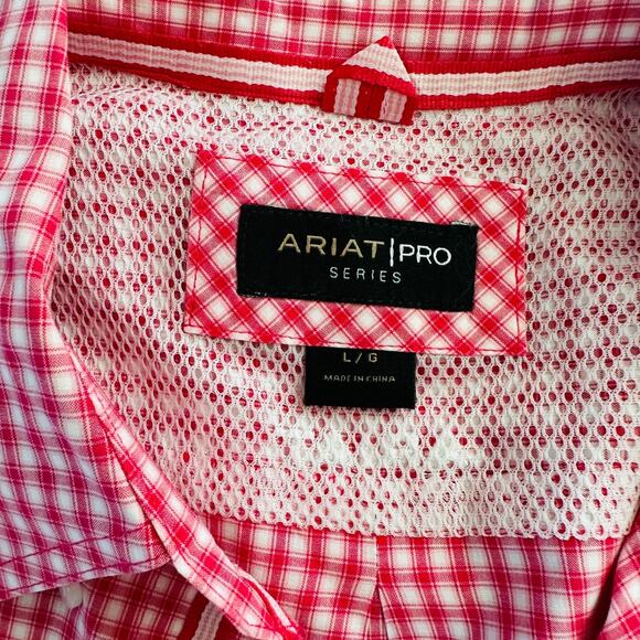 ariat pro series men’s large red white plaid button down long sleeve shirt - Picture 2 of 11